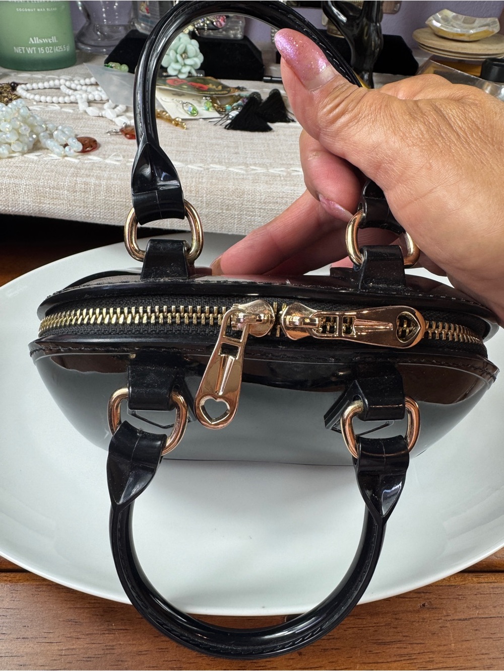 Black Patent Mini Satchel Handbag with Gold Hardware - Picture 3 of 11